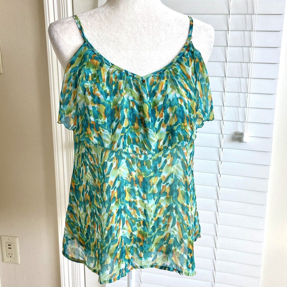 Modcloth Poem Small Blue Green Sleeveless Blouse Top Pullover Sheer Ruffle Neck